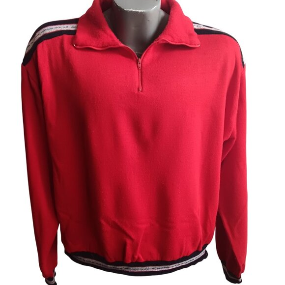 Vintage 70's XL Men's Sweatshirt Red Pullover Striped Shoulder Trim Quarter Zip - Picture 1 of 6